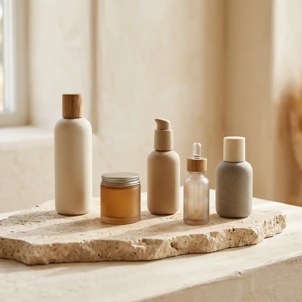 Skincare bottles styled on pale stone