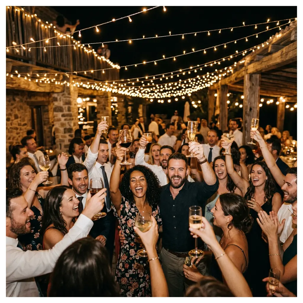 Lively reception with string lights and a warm crowd