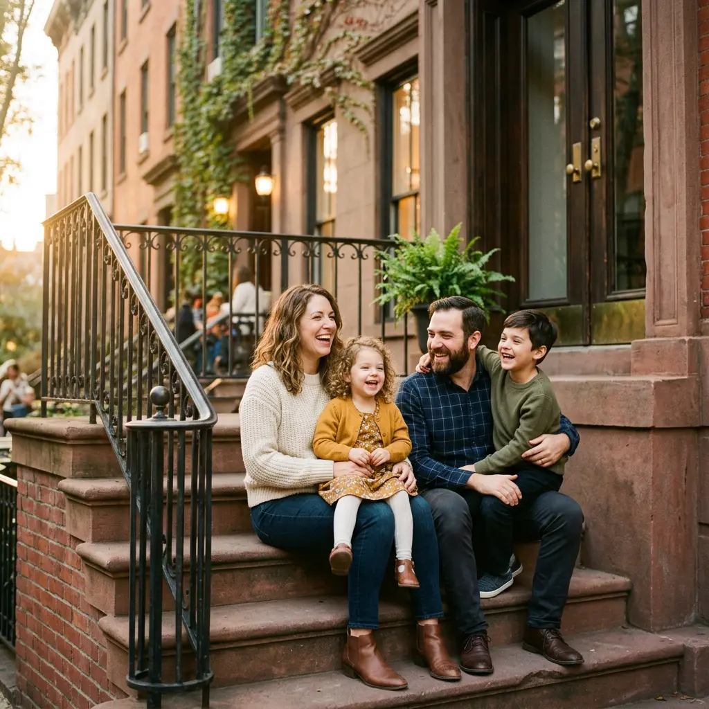 Candid family portrait on a Brooklyn stoop at golden hour