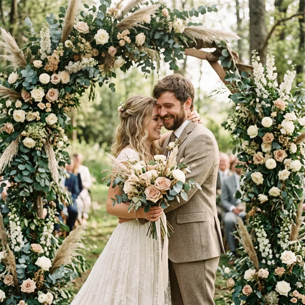 Couple in soft morning light on their wedding day